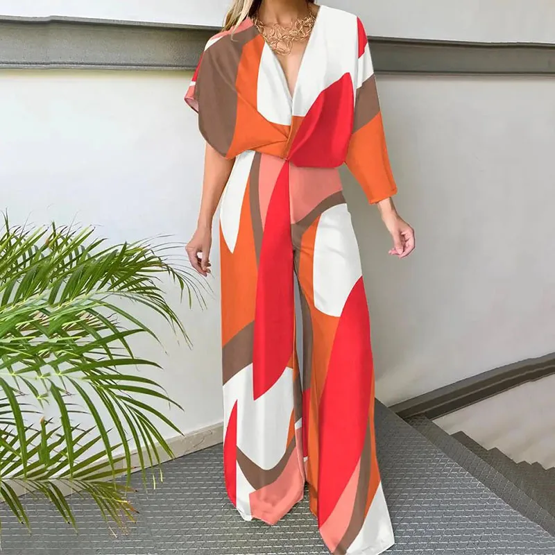 

Women's Casual High Waisted Straight Romper New Loose Satin Office Overalls Summer Sexy V-neck Short Sleeved Printed Jumpsuits