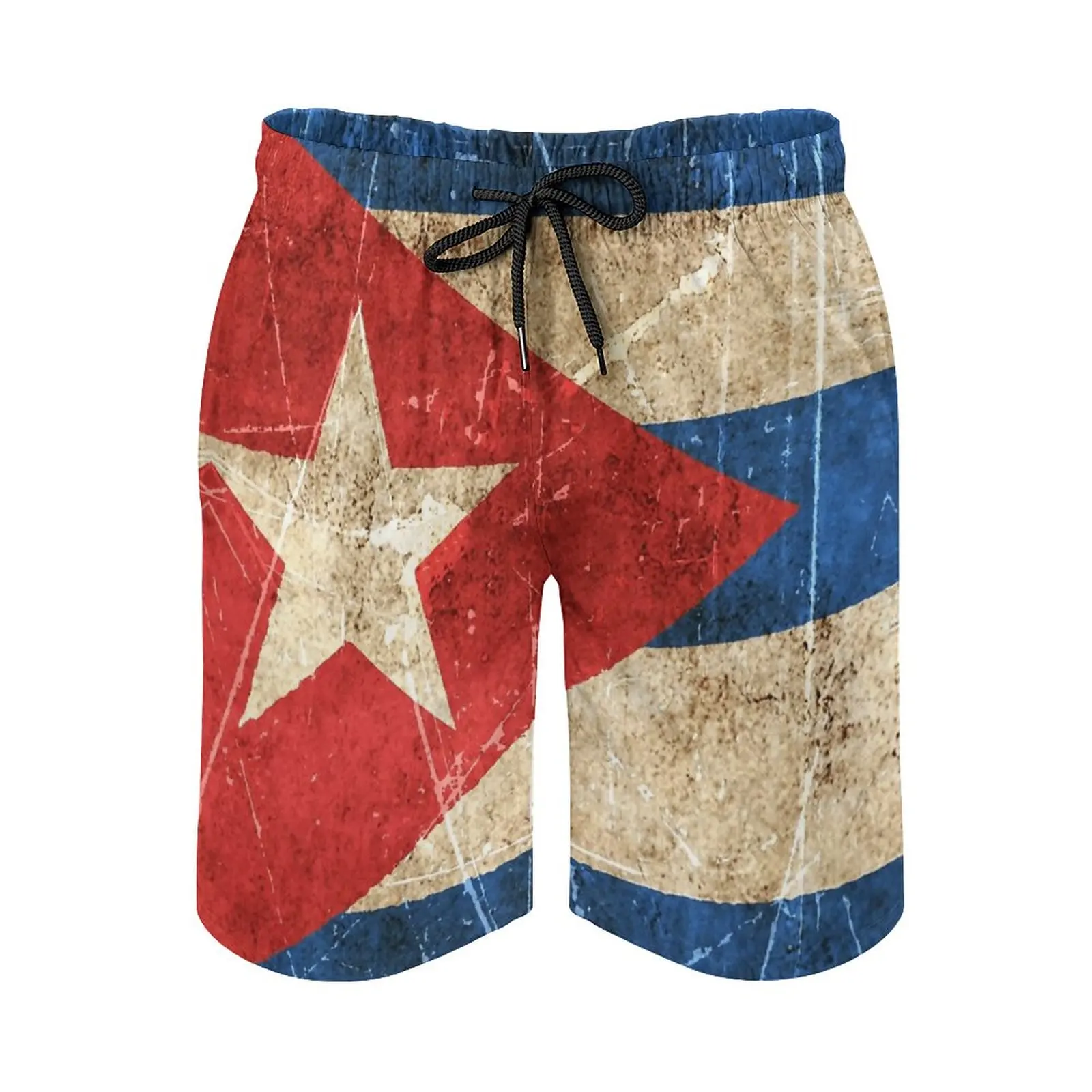 

Beach Pants Anime Beach Vintage Aged And Scratched Cuban Flag Breathable Quick Dry Creative Casual Adjustable Drawstring Loose E