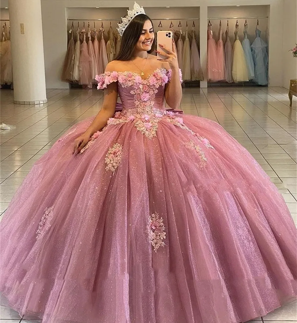 

Новинка, пыльно-розовое платье Quinceanera, с открытыми плечами, блестящее Тюлевое бальное платье принцессы, для конкурса, дня рождения, конфетное платье
