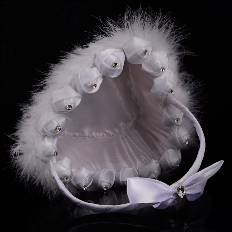 Flower Girl Basket White Small Heart Shaped Baskets with Faux Flowers for Rhines