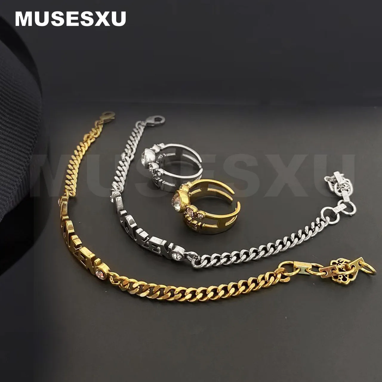 

Jewelry & Accessories Mosaic Zircon Hollow Letter Bracelet & Open Ring Two Piece Jewelry Set For Woman's Gifts