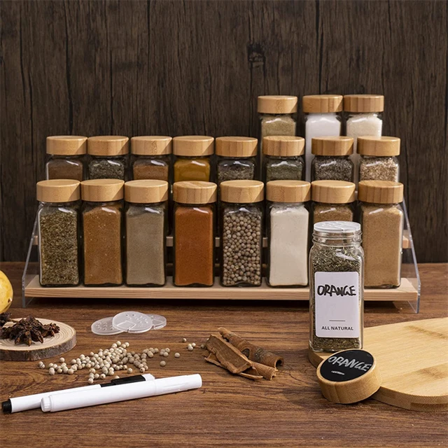 KAMOTA Glass Spice Jars, 36 Pcs 4oz Empty Square Spice Bottles with Shaker Lids and Airtight Metal Caps - 662 Spice Labels Included