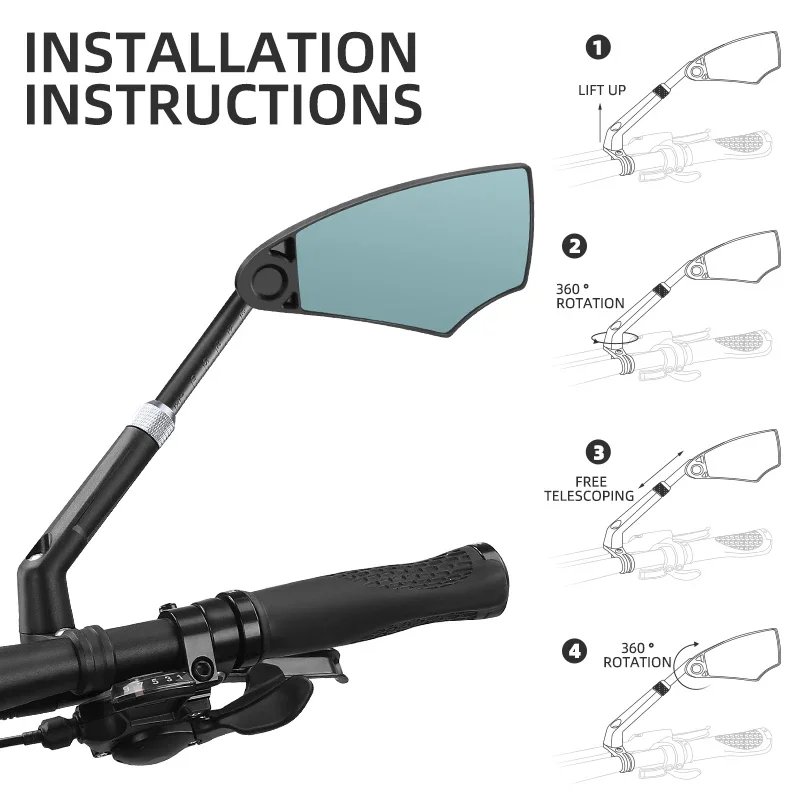 WEST BIKING Specchietto retrovisore per bicicletta antiriflesso telescopico 360 ° Specchietto retrovisore manubrio regolabile Parti scooter MTB E-Bike - immagine 4
