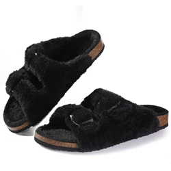 Crestar Women's Cozy Fuzzy Slippers with Cork Footbed and Adjustable Strap - 41(25.5cm) (Black)