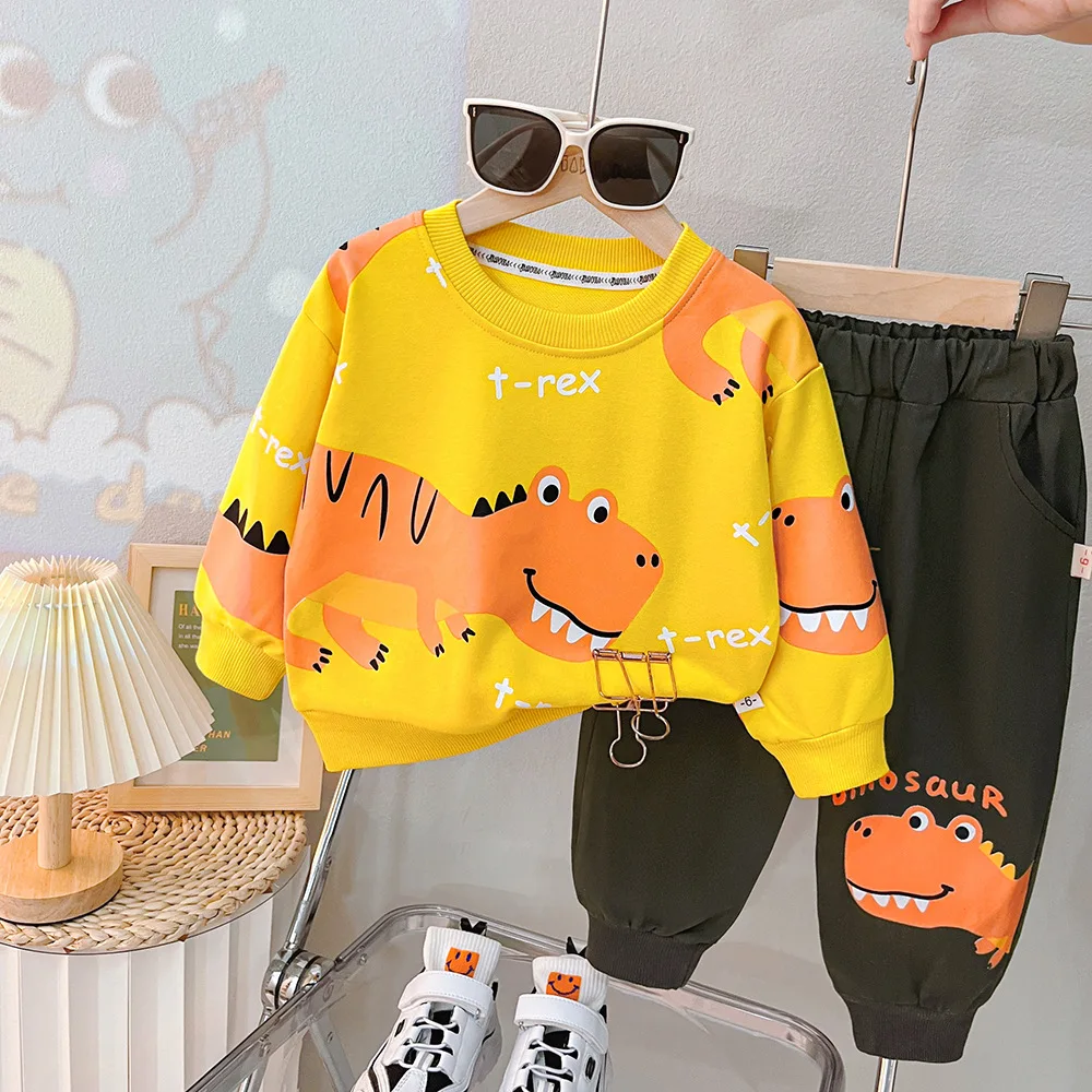 1-5 Years Spring Autumn Boys Clothing Set Cartoon Dinosaur Pattern Full Sleeve Shirt + Pants 2Pcs Suit For Kids Children Outfit