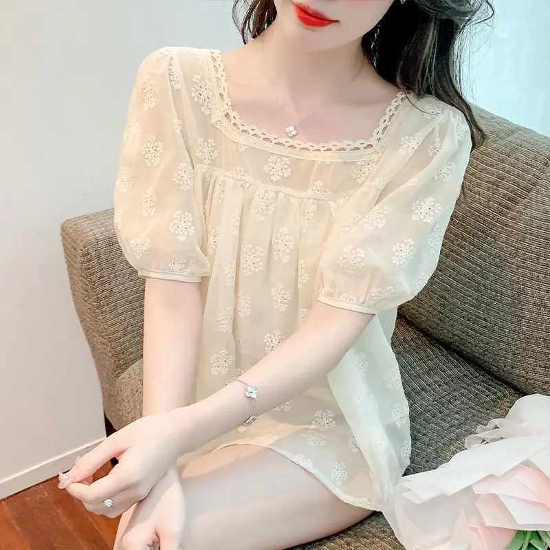 Spring Summer Fashion Elegant Women's Clothing Square Neck Loose Short Sleeve Blouses Printed Female Clothes Sweat Women's Shirt