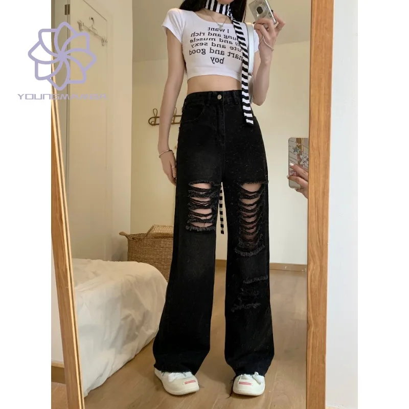

Korean Fashion Streetwear Wide Leg Ripped Jeans Women 2023 New Vintage High Street High Waisted Straight Tube Denim Pants