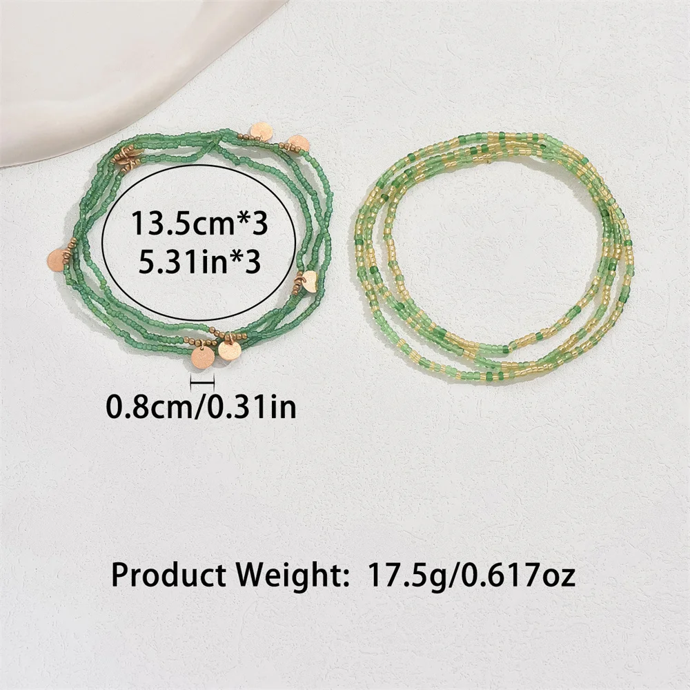 2pcs/Set Green Small Rice Beads Anklets For Women Gold Color Round Disk Foot Chain Ankle Bracelet Beach Jewelry Summer Accessory