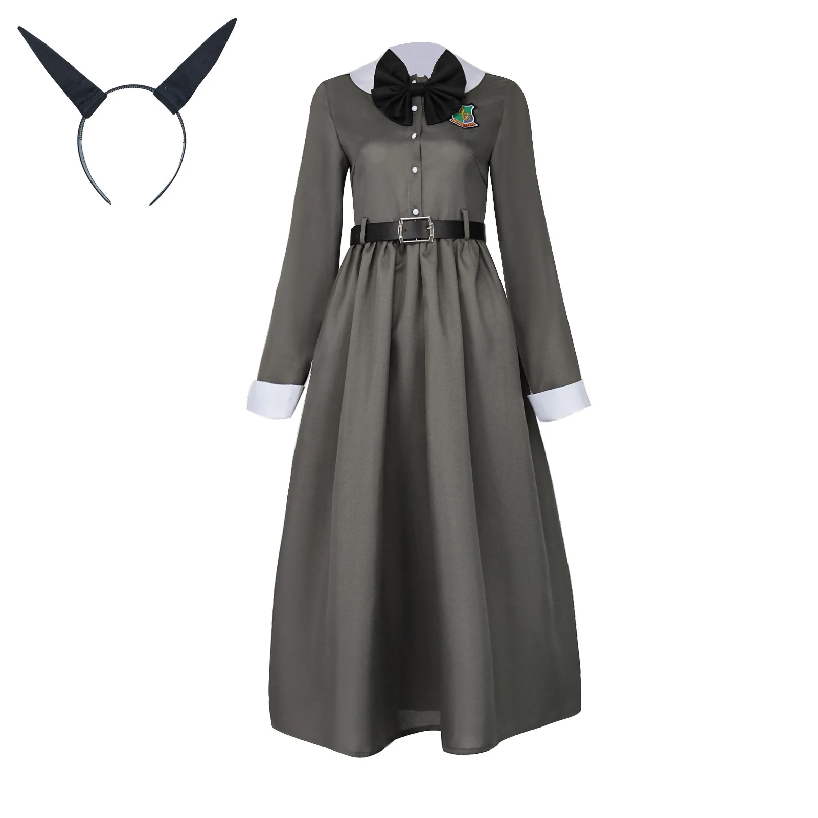 

Anime Kaiju No 8 Cosplay Costume for Women Gray Long Sleeve Dress Zipper Back Halloween Party Girl Daily Outfits Hairband Belt