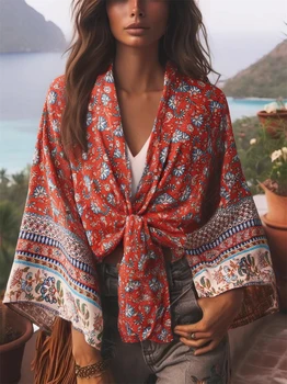 Vintage Floral Retro Sashes Short Robe Kimono Women Fashion Batwing Sleeves Rayon Cotton Bikini Boho Cover-ups Beach Wear 1