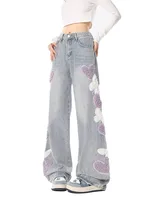 Large Size 2XL-6XL Women Loose High Waist Autumn Winter Fashion Korean Jeans Heart Shape Embroidery Blue Straight Wide-leg Pants - Image 5