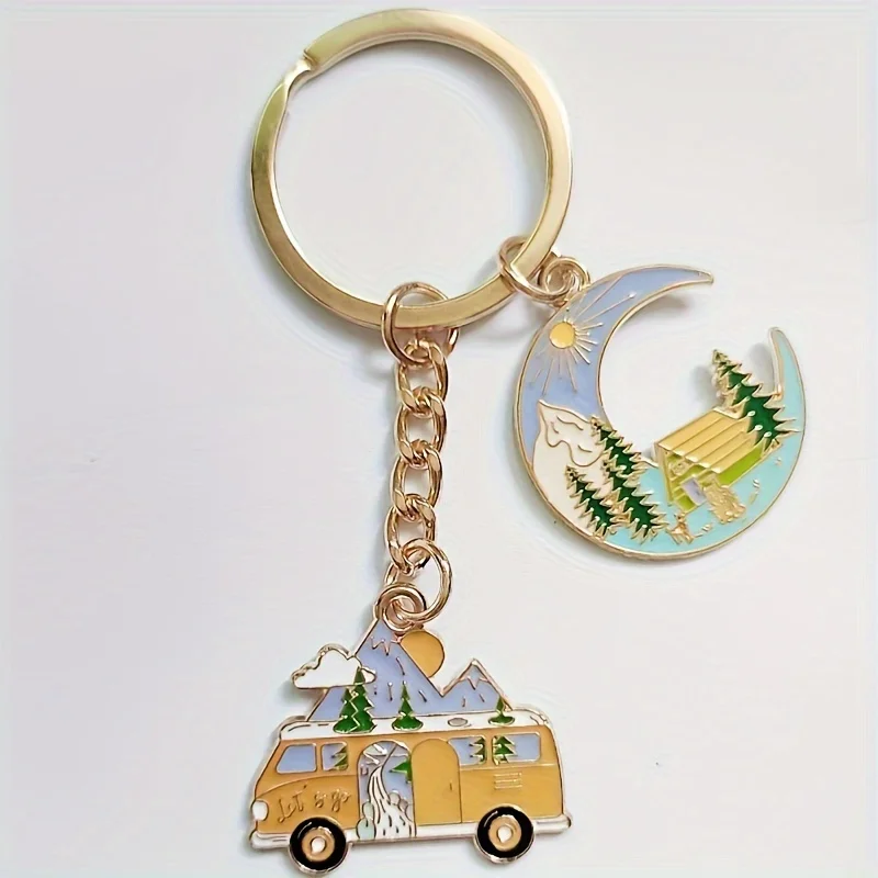 1-teiliger Emaille-Mond-Auto-Dame-Schlüsselanhänger, Winterlandschaft, touristisches Souvenir, Design für Wohnmobile und Reiseliebhaber, Thanksgiving-Geschenk