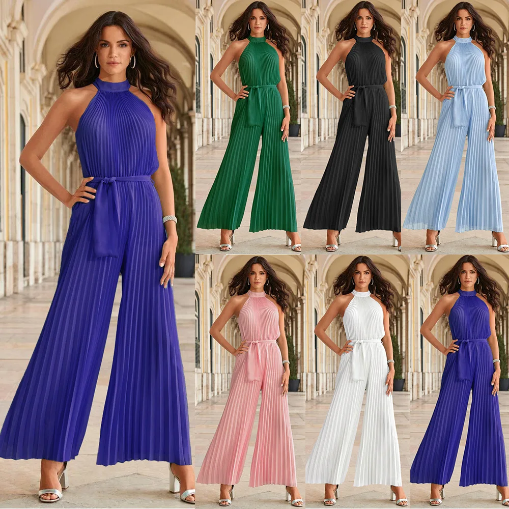 Sexy neck hanging sleeveless pleated jumpsuit for summer 2024 women's new lace up slim fit pleated wide leg pants