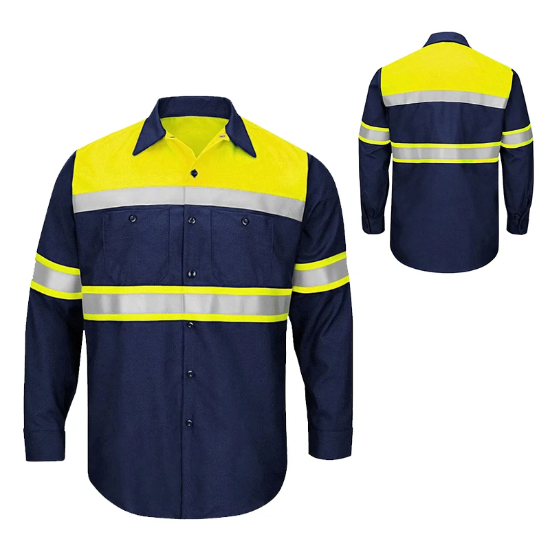 

Men's High Visibility Shirts with Hi Vis Reflective Tape 100% Cotton Long Sleeve Workwear 2 Tone Block Color