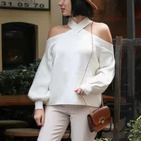 Elegant Sexy Women Sweater Solid Color Full Lantern Sleeve Hollow Out Shoulder Tops 1