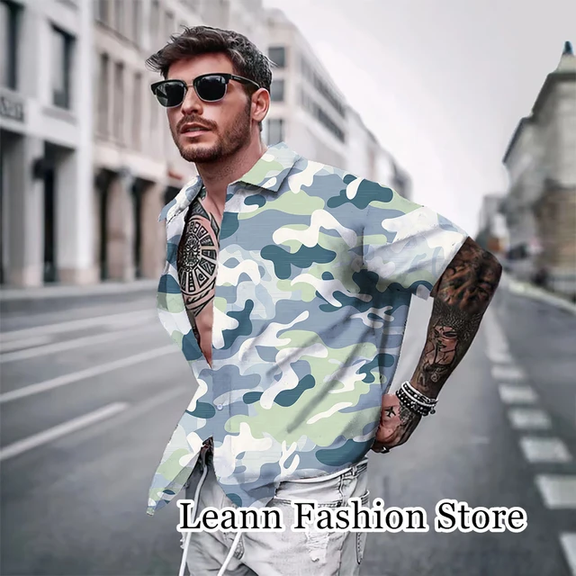 Summer Men Beach Shirt Fashion Button Down Shirt camouflage Print