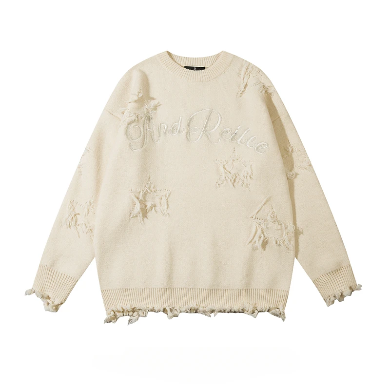 

Autumn Winter American Letter Embroidery Ripped Hole Sweaters Men's Trendy Brand Street Loose Versatile Casual Knitted Pullovers