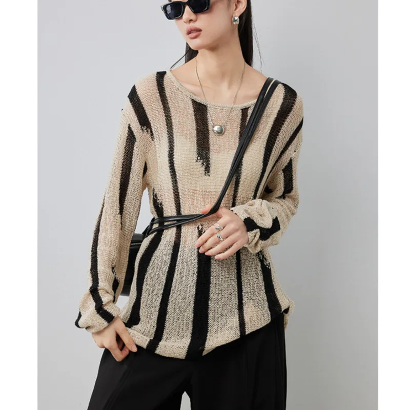 

Spring Hollowed Out Stripe Knitted Sweater Women Vintage O-neck Loose Lightweight Casual Pullovers