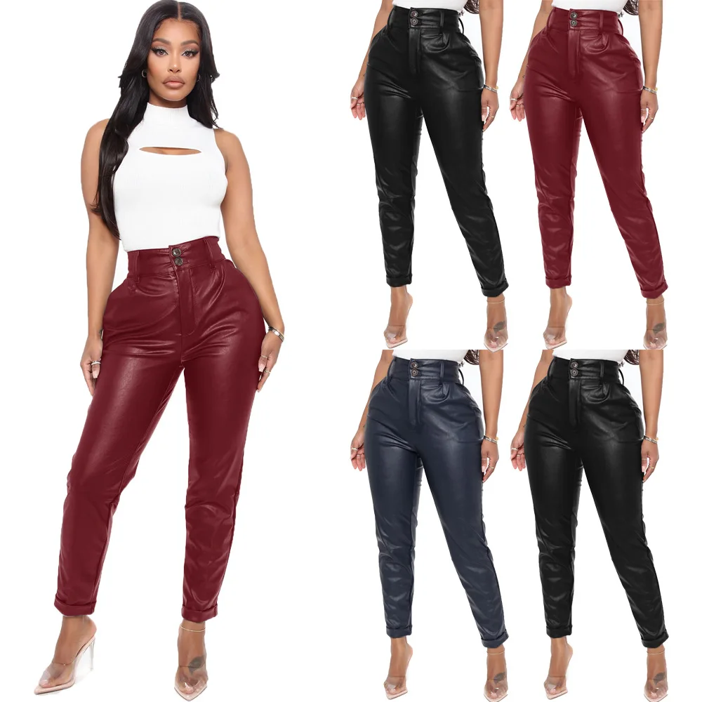 

Women's Faux Leather Pants Drawstring Elastic High Waist Joggers Casual Loose Trousers with Pockets