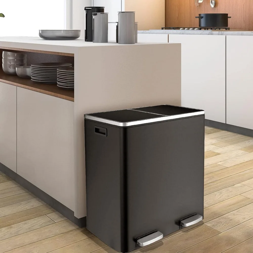 60L(16 Gal) Dual Trash Can, Stainless Steel Kitchen Garbage Can, Double Compartment Classified Rubbish Bin, Recycle Dustbin 6