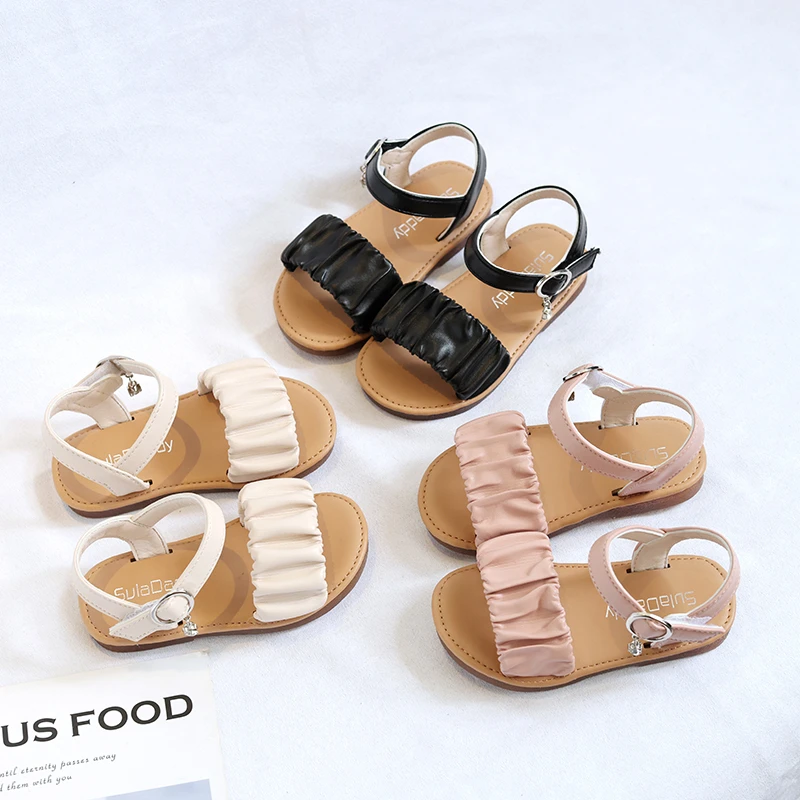 Girls Sandals New Summer Children Pleated Pu Pearl Comfortable Cow Muscle Beach Flat Princess Sandals Baby Toddler Kids Shoes