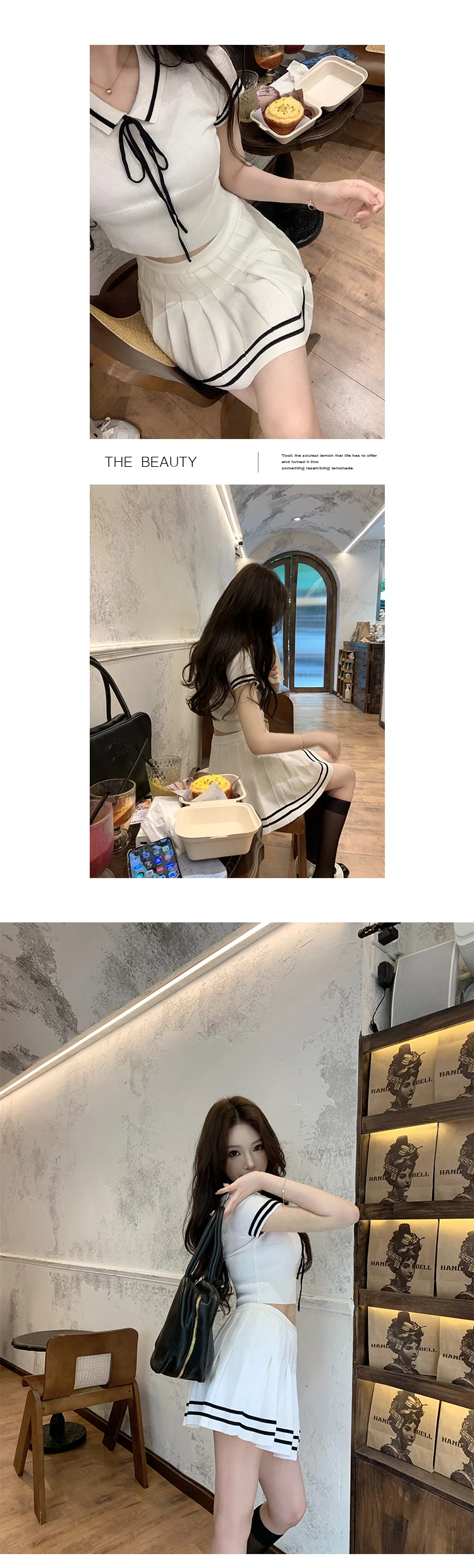 Korean Fashion Knitted Two-piece Set Women Short Sleeve Patchwork Cropped Top Pleated Mini Skirt Preppy Style Outfits New