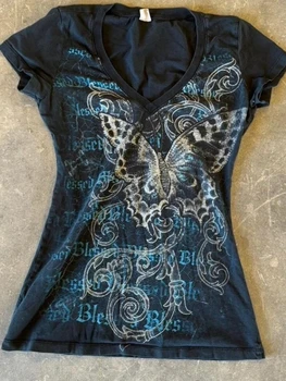 Harajuku Fata Ritagliata Farfalla Stampa T-shirt Vintage Grunge Streetwear Top Donna Estate Y2k Estetica Casual Crop Camicie 1