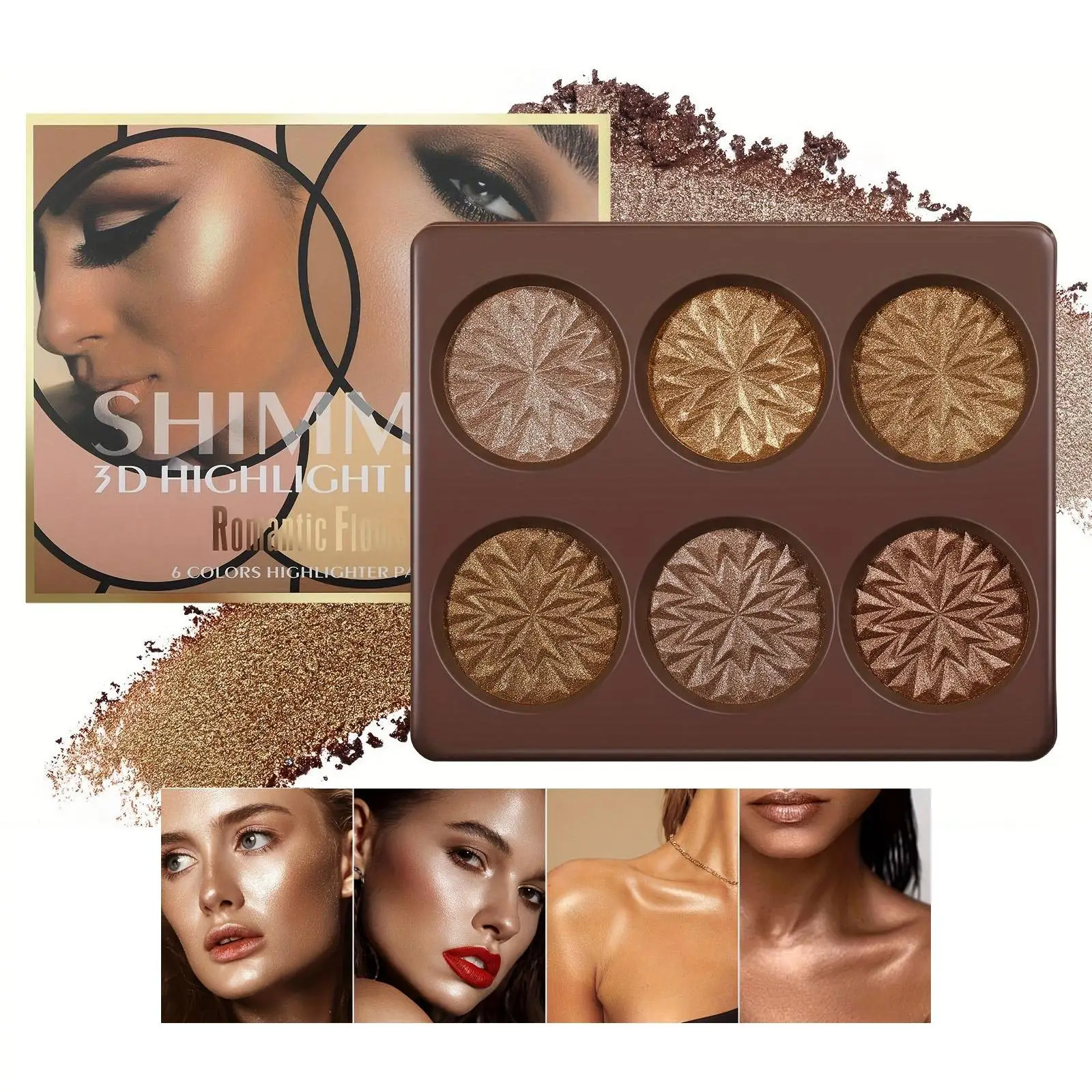 6-Color Highlighter Palette – Deep-toned shimmer pressed powder for an all-over face glow. Full-coverage face makeup with lumino