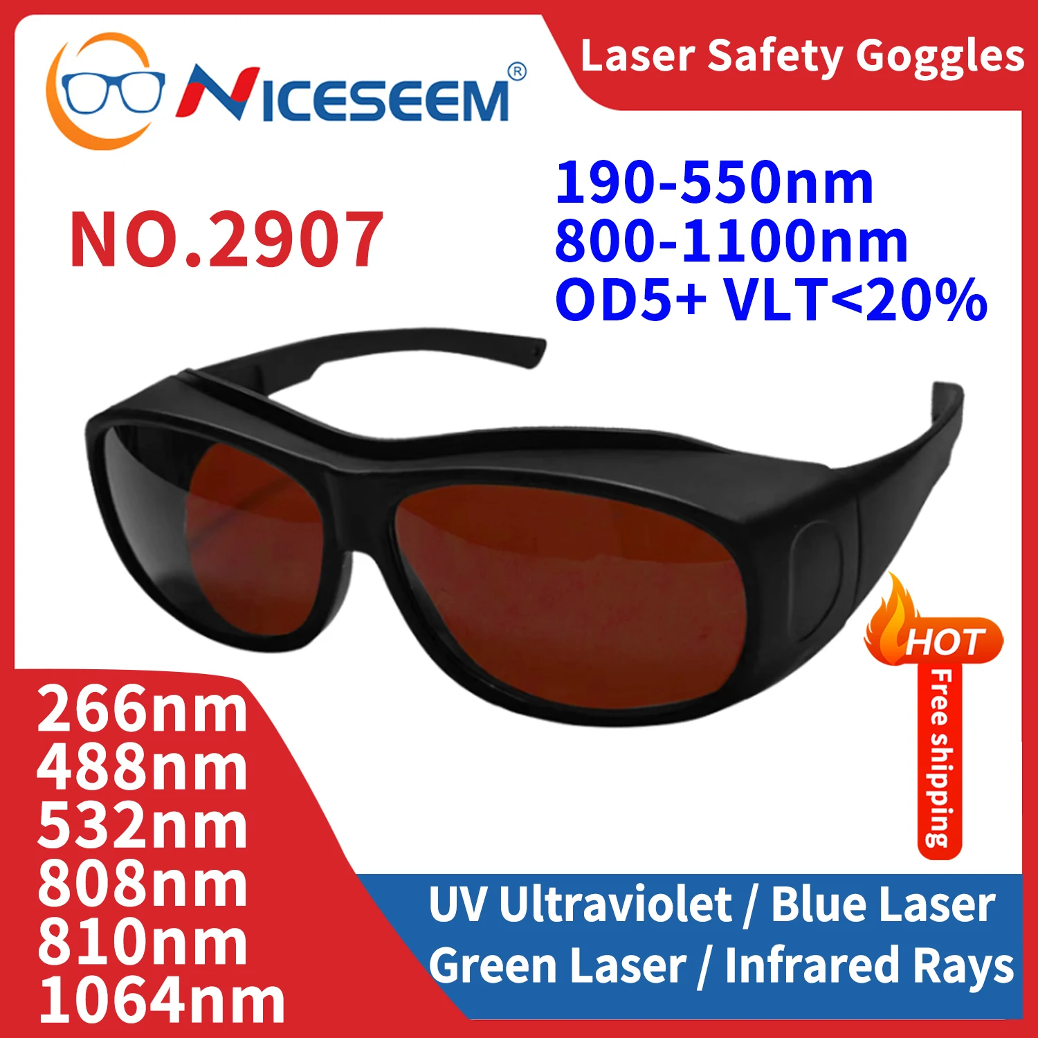 레이저 보호 안경 안전 고글, OD6 CE ND YAG UV 보호 적외선 X레이, 532nm CO2 1064nm, 190-550, 800-1100nm