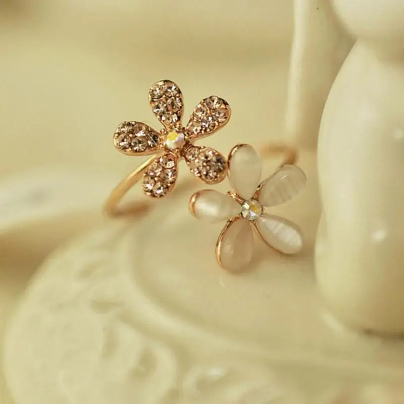 Korean Version Cat Eye Stone Flower Rhinestone Ring Adjustable Daisy Flower Opening Ring Women's Fashion Rhinestone Jewelry Ring