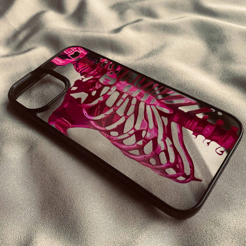 Pink Purple Skull Transparent Phone Case with Y2K Skeleton Print