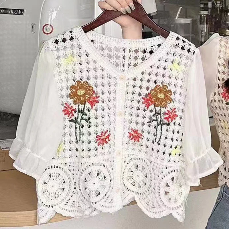Crochet Knit Top Women Chiffon Sleeve V-Neck Button Up