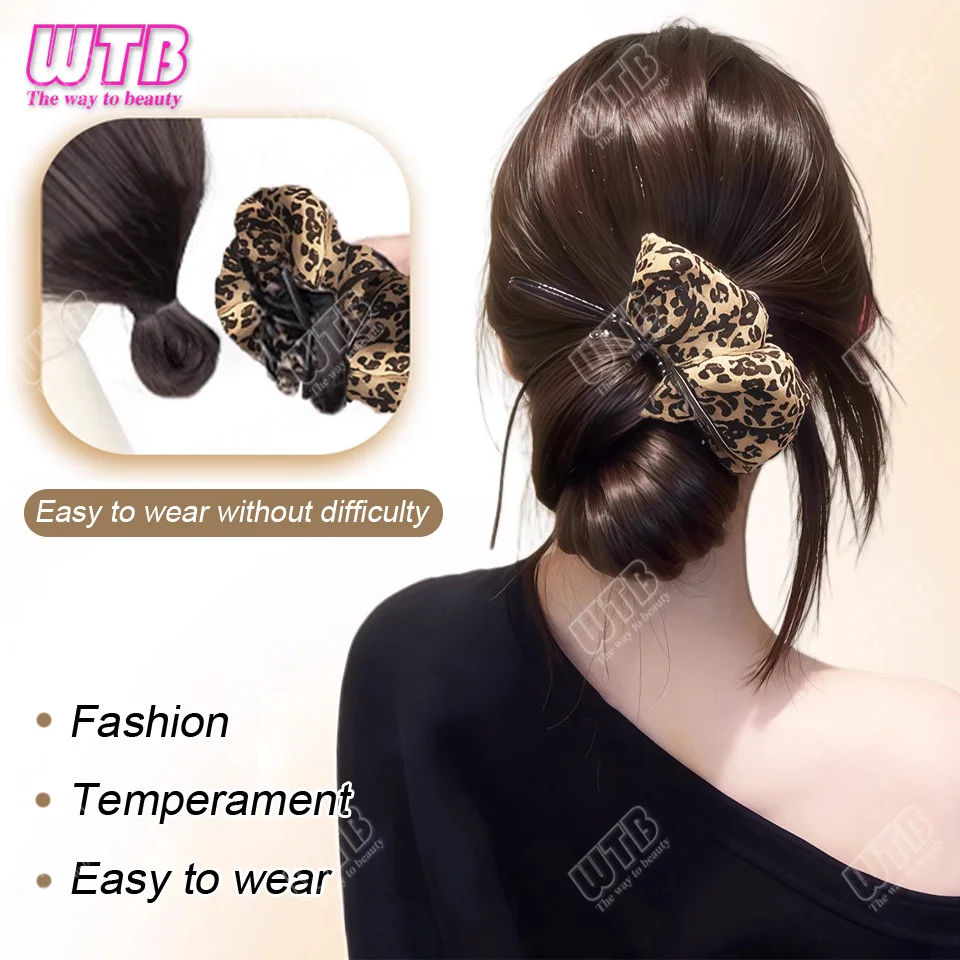 레오파드 프린트 합성 번 가발 클로 클립 치킨 페더 합성 번 패션 가발 자연스러운 풍성한 로우 포니테일 가발