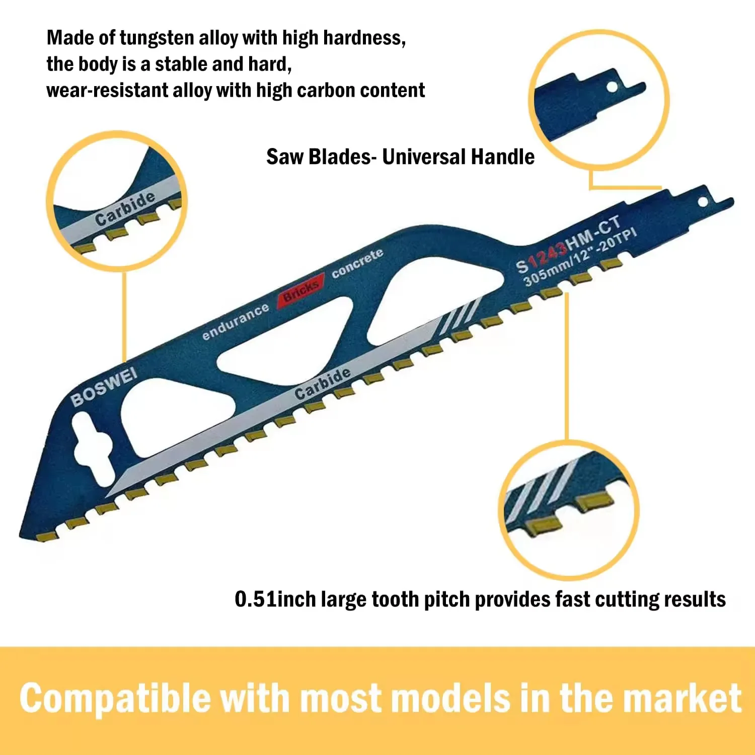 1pc 12in Demolition Masonry Reciprocating Saw Blade-Hard Alloy Blade for Cutting Brick, Wood, Metal, PVC Tube, Porous Concrete reciprocating saw blades