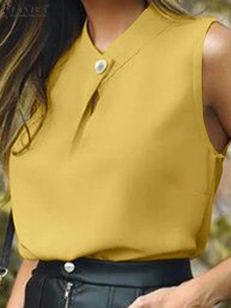

ZANZEA Fashion OL Work Tank Tops Summer Sleeveless O-Neck Solid Blouse Woman Elegant Party Vest Femme Casual Button Chemise 2023