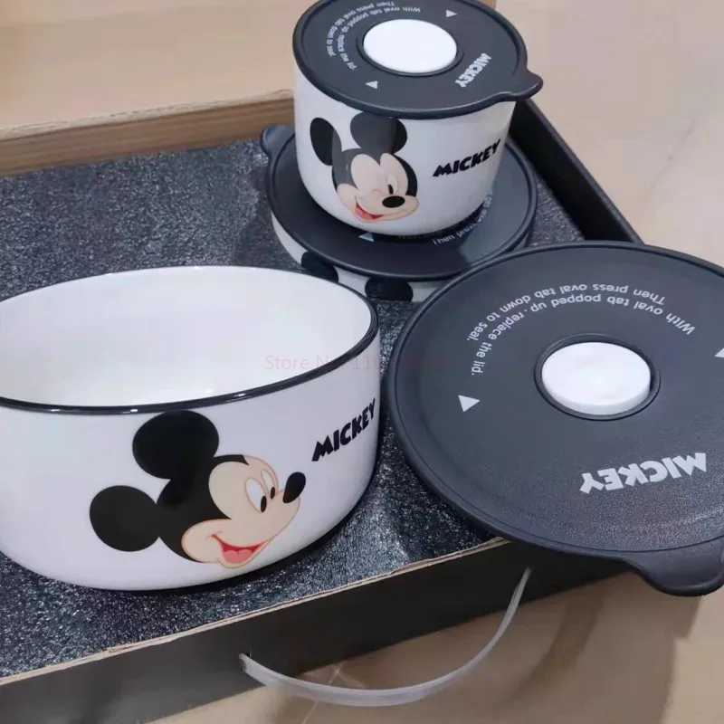 Disney Ceramic Bowl With Lid Microwave Oven Bowl 3 Pcs Student Thicken Lunch Box