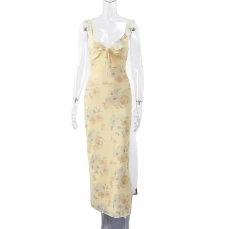 Flower Printed Women' Sexy Low-cut Dress Sleeveless Backless Slim Sling...