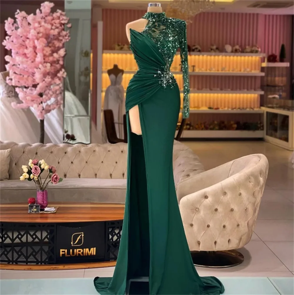 

Exquisite Dark Green Long Sleeves Sequin Evening Dress V Neck Mermaid See Through Backless Sweep Train Split Party Dresses