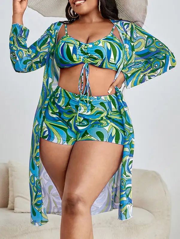 3 Pieces Large Size Bikini 2026 Printed Swimsuit Women & Kimono Drawstring Front Swimwear Female Bathing Swimming Suit Beachwear
