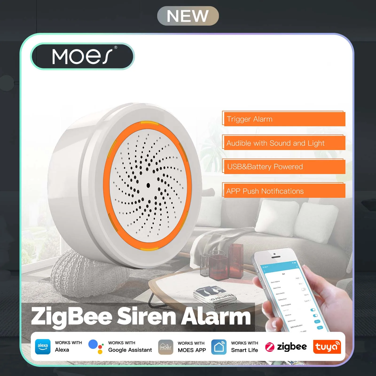 สัญญาณเตือนภัย MOES ZigBee สำหรับ Tuya Smart Life, เสียงดัง 90 เดซิเบล และไฟแฟลช เซ็นเซอร์อัจฉริยะ, ระบบความปลอดภัยภายในบ้านแบบไร้สาย พร้อม Alexa 1
