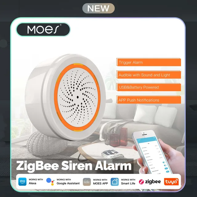 สัญญาณเตือนภัย MOES ZigBee สำหรับ Tuya Smart Life, เสียงดัง 90 เดซิเบล และไฟแฟลช เซ็นเซอร์อัจฉริยะ, ระบบความปลอดภัยภายในบ้านแบบไร้สาย พร้อม Alexa 1