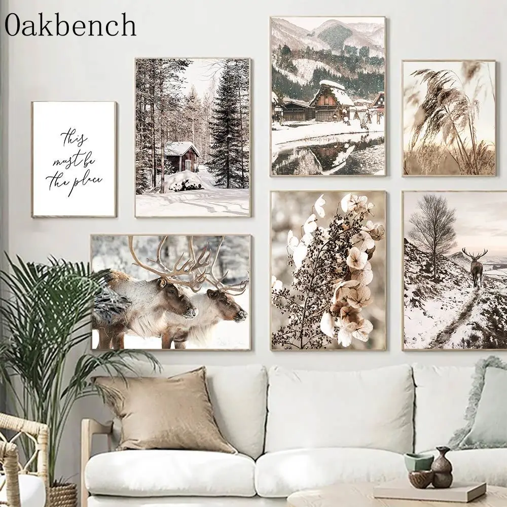 

Snow Landscape Art Prints Reed Flowers Canvas Poster Elk Print Pictures House Painting Poster Nordic Posters Living Room Decor