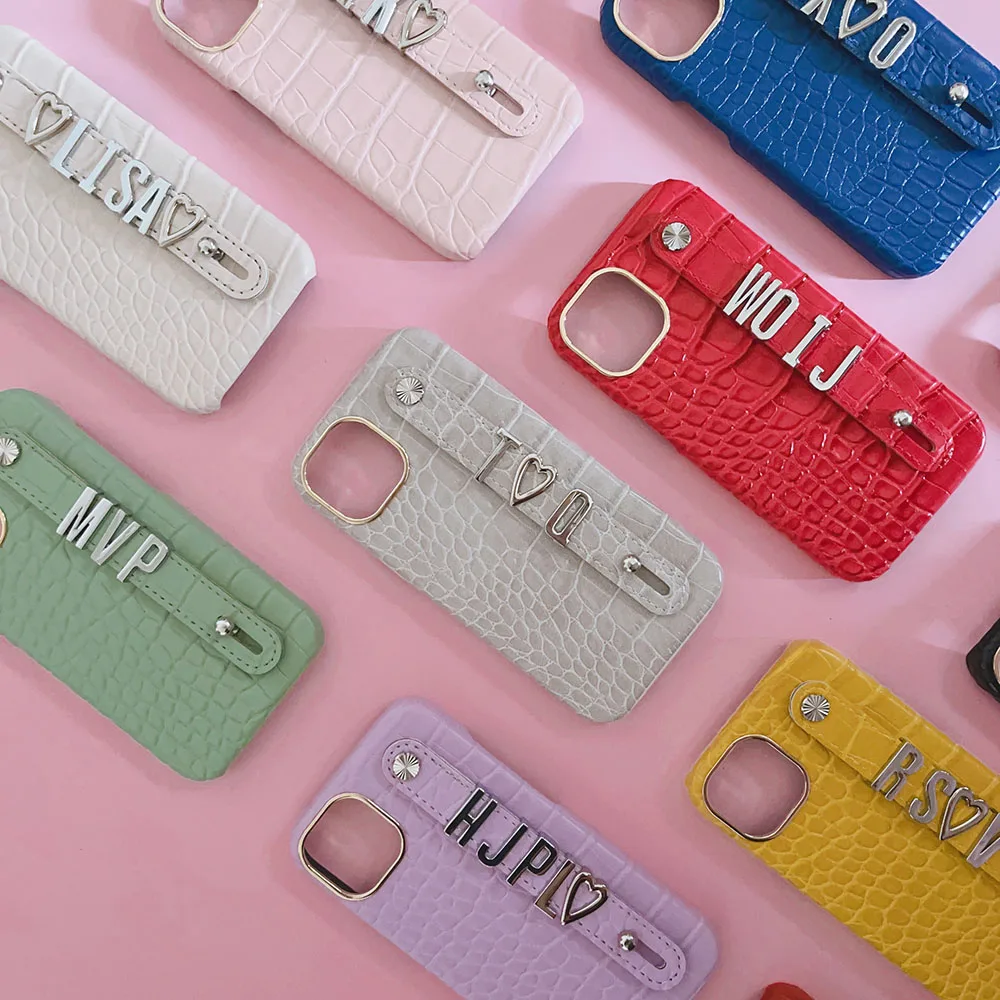 Luxury Custom Personalised Name Silver Metal Letter Charm Leather Phone Cases For Iphone 14 13 12 11 15 Pro Max 14promax Cover