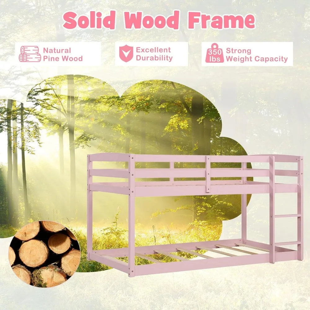 Low Bunk Bed Twin Over Twin,Solid Wood Bunk Bed Frame with Built-in Ladder&Safety Guardrails,Space-Saving Low Bunk Bed for Kids 4