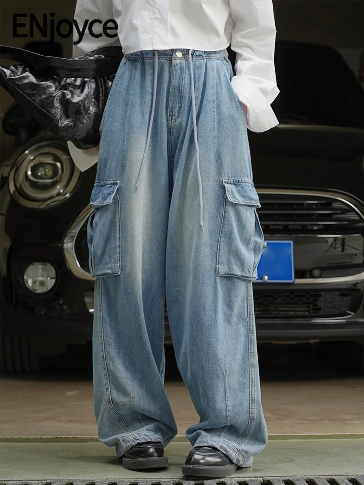 2024-summer-women-vintage-drawstring-high-waist-denim-cargo-pants-with-pockets-y2k-streetwear-straight-leg-wide-jeans