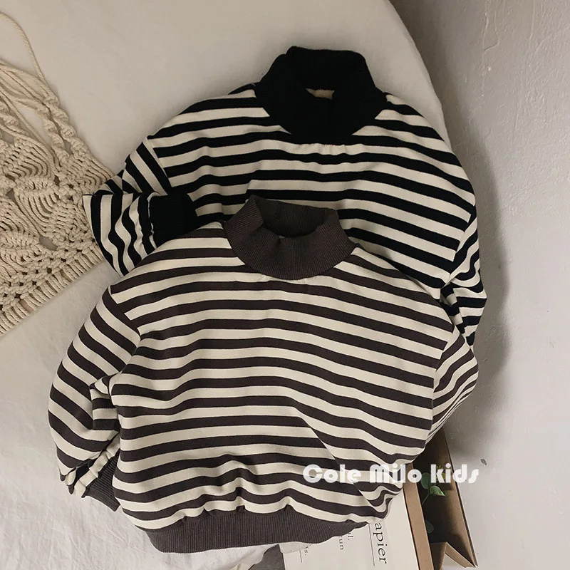 

Hoodies Comfortable Versatile Baby Sweater Thick Girls Boys Tops Stripe Half High Collar Autumn Winter Korean Simple