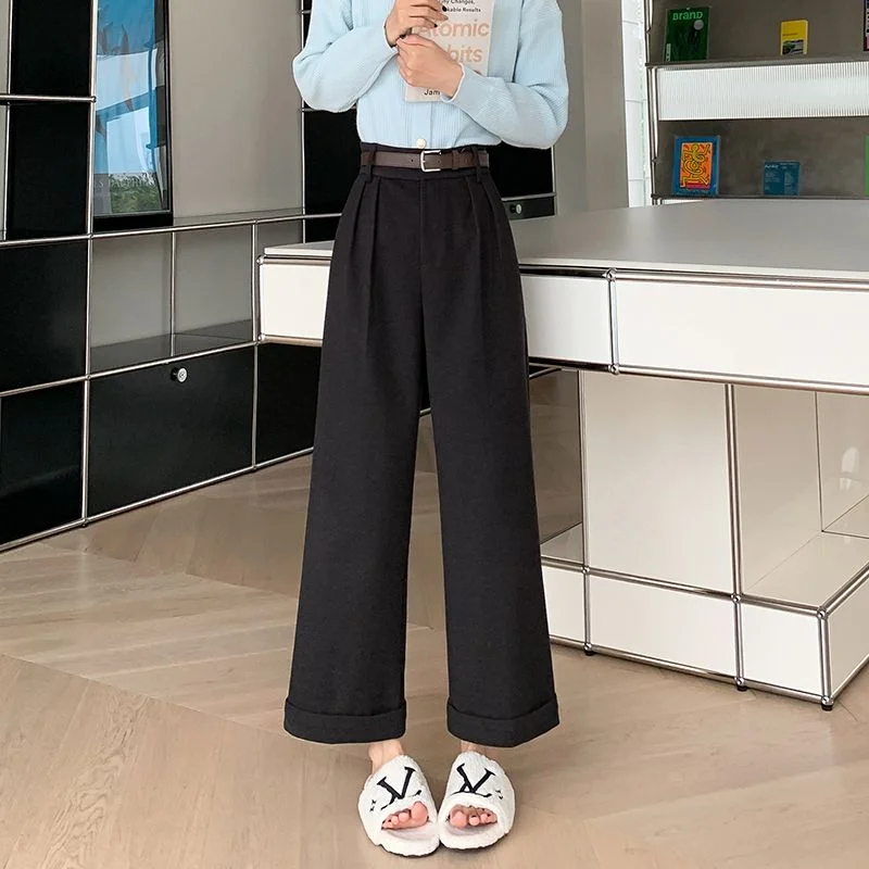 Pantaloni da abito a nove punti larghi dritti spessi a vita alta autunno inverno a gamba larga in lana 5