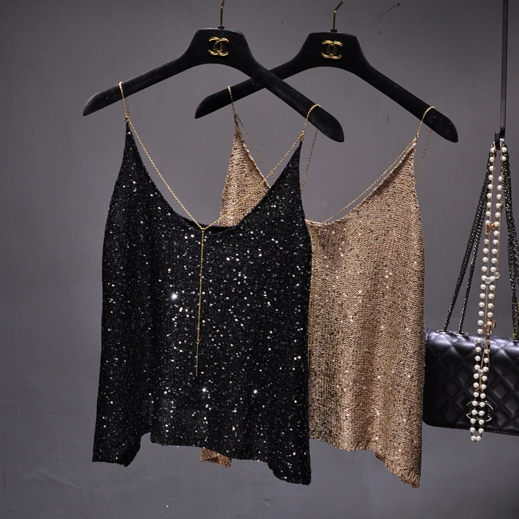 

New Summer Thin Shoulder Strap V-neck Sequins Camisole Blingbling Metal Chains Pendant Sexy Beautiful Back Basic Tank Tops