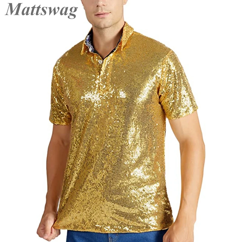 

70's Disco Shiny Short Sleeve Polo T Shirts 2023 New Fashion Nightclub Party Men's Tops Vintage Carnival Prom Stage Tees Hombre