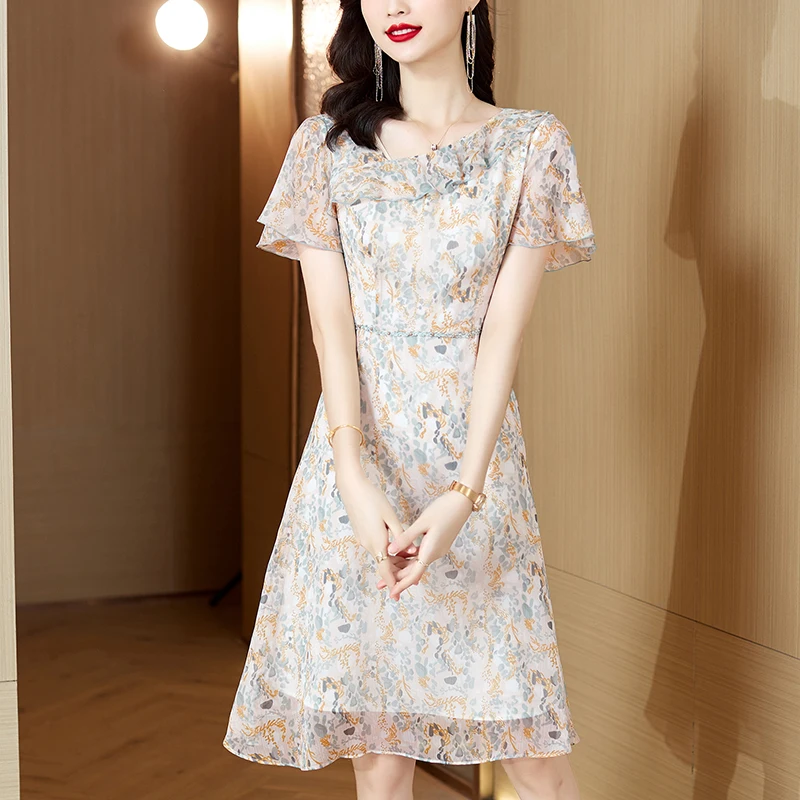 

2023 New Fashion Silk Printed Dress Women's Summer Retro Versatile Mulberry Silk Loose Fit Casual Holiday Dress Vestidos